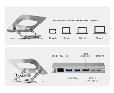 Soporte Unitek para Notebook 360° con HUB USB desmontable