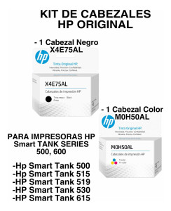 Kit Cabezales Originales Impresora HP Smart Tank 516 615 (1 Cabezal Negro X4E75AL + 1 Cabezal Tri Color M0H50AL)