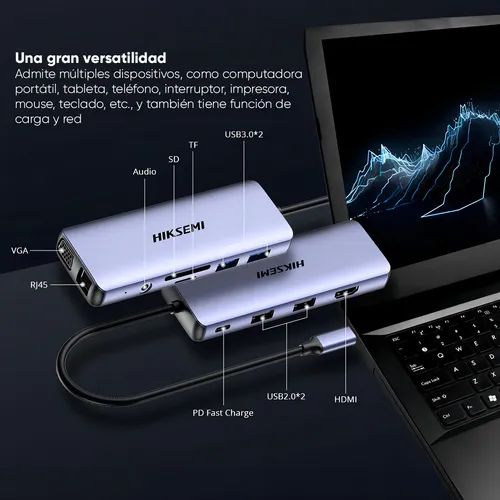 HUB HIKSEMI TIPO C HS-HUB-DS11 (HDMI/VGA/SD/MICRO SD/USB 3.0/USB 2.0/RJ45)