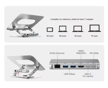 Soporte Unitek para Notebook 360° con HUB USB desmontable