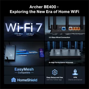 TP-LINK ARCHER BE400 ROUTER WIFI 7 DUAL BAND 6.5 GBPS / 2.5G WAN-LAN / 6 ANTENAS / EASYMESH