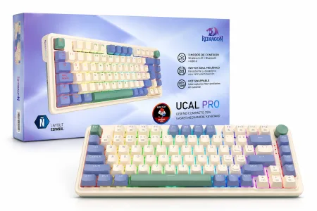 TECLADO GAMING MECANICO REDRAGON UCAL PRO K673 RGB 75%  TRIPLE CONEXION - CREAM/PURPLE/GREEN