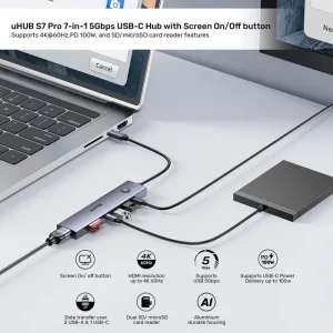 HUB USB-C Unitek 7 en 1 con botón screen on/off